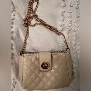 Crossbody purse with gold chain strap, zipper and buckle closure
